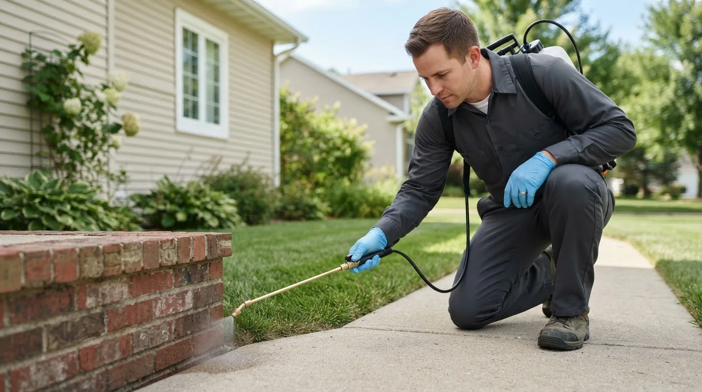 Pest control technician treating a home near Wilcox, PA
